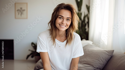 happy white woman sitting and wearing white Bella Canvas 3001 T-Shirt in light and airy modern boho living room interior in the afternoon created with Generative AI Technology