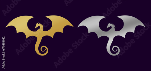Fototapeta Naklejka Na Ścianę i Meble -  vector silhouette of dragon. golden and silver shape of flying dragon. icon of dragon on dark background. Chinese new year zodiac sign of dragon