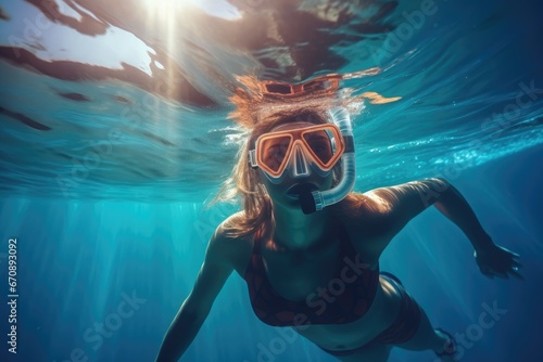 Young woman snorkeling underwater in the sea. Healthy lifestyle concept, Underwater background of a woman snorkeling and doing freediving. Watersport activity in summer vacations, AI Generated