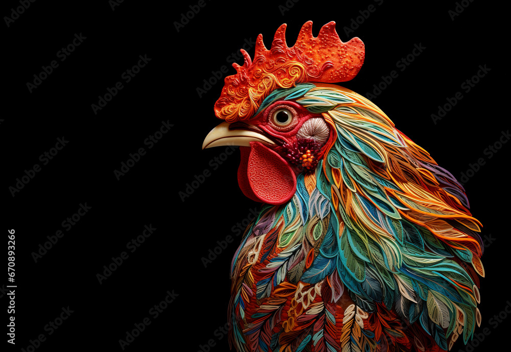Image of a rooster head that is intricately crafted in three dimensions. Farm animals. Illustration, Generative AI.