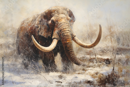 Image of a mammoth with long and large tusks., Wildlife., Ancient animals.
