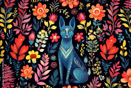 Image of pattern design using dog and flowers and leaves. Pet. Animals. Illustration, Generative AI.