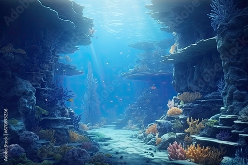 Underwater world with corals and tropical fish. 3d render, Underwater world. Fantasy landscape of the underwater world. 3D rendering, AI Generated