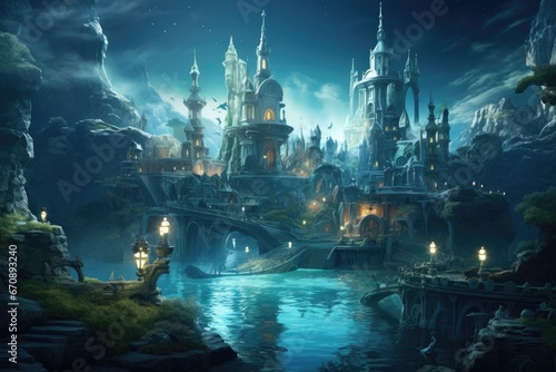 Fantasy landscape with fantasy fairytale castle. 3d illustration, Underwater world. Fantasy illustration of a fantasy world. 3d rendering, AI Generated © Ifti Digital