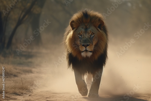 Image of a male lion walking in a dusty forest. Wildlife Animals.