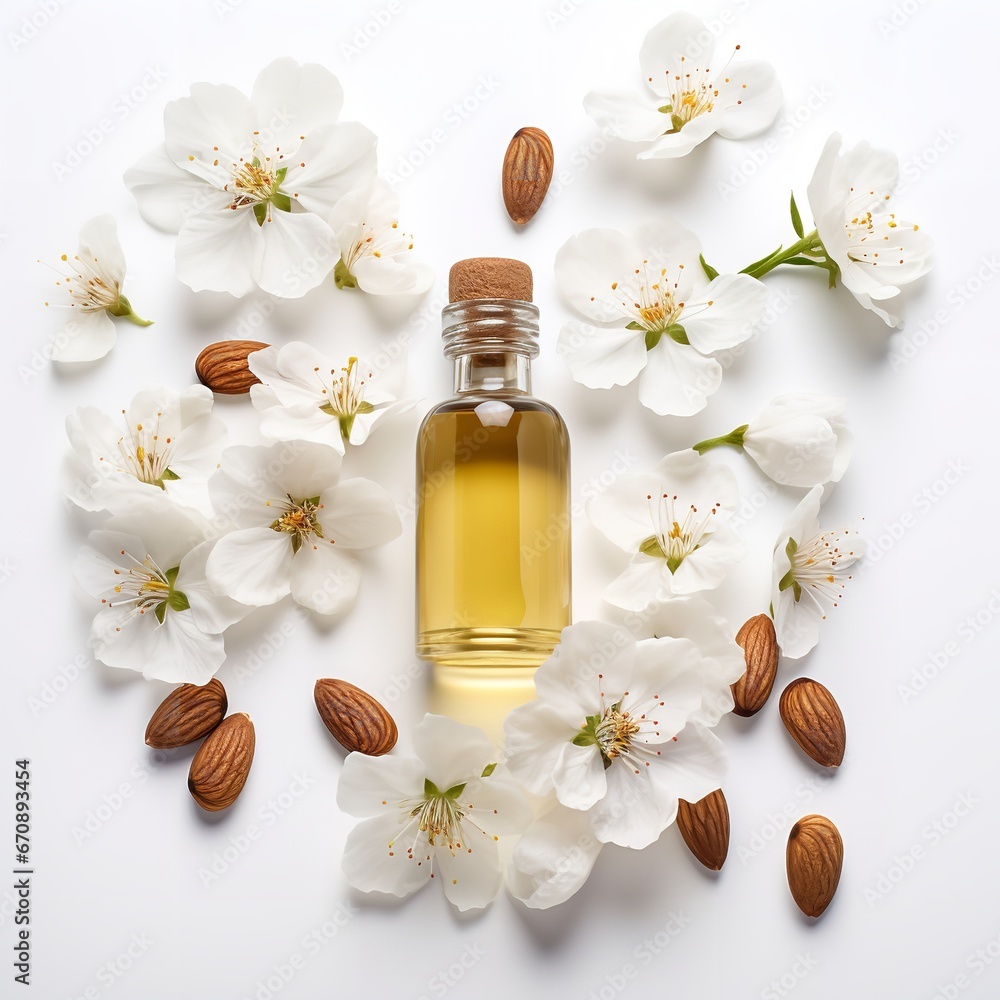 Almond oil with flower blossoms. Generative Ai. - obrazy, fototapety, plakaty 
