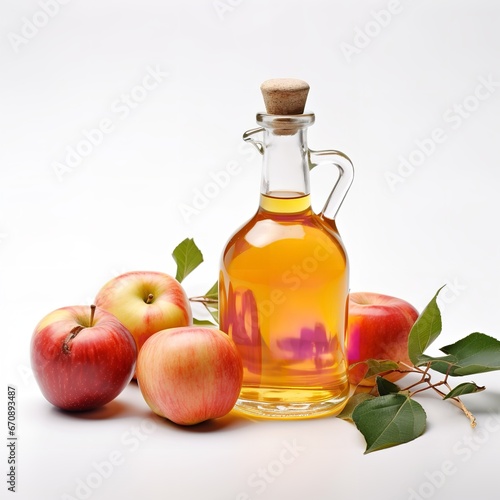Bottle apple cider vinegar and fresh apples on a white background. Generative Ai.