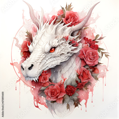 Watercolor white dragons with red roses on a white background