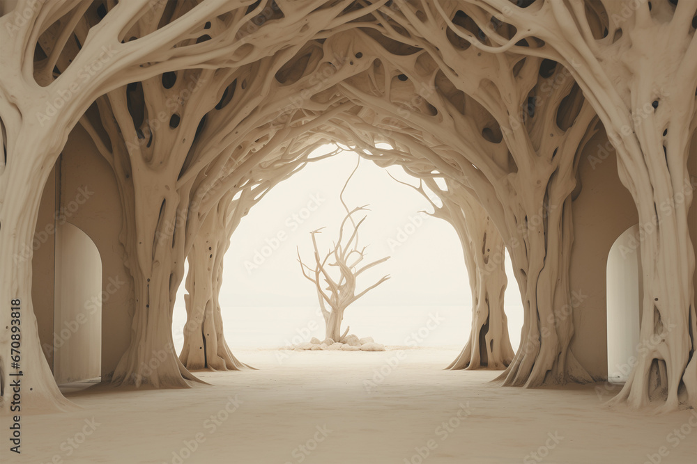 Dry tree forming arch on sand desert landscape. Product display on pastel surreal background with dry driftwood snag, branch frame, gates. Empty space