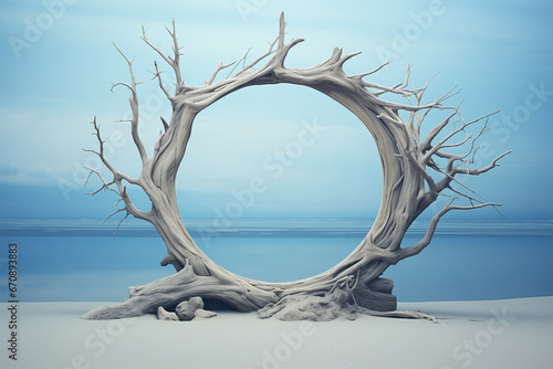 Dry tree circle frame on ocean sand beach landscape. Product display on pastel surreal background with dry driftwood snag, branch. Empty space photo