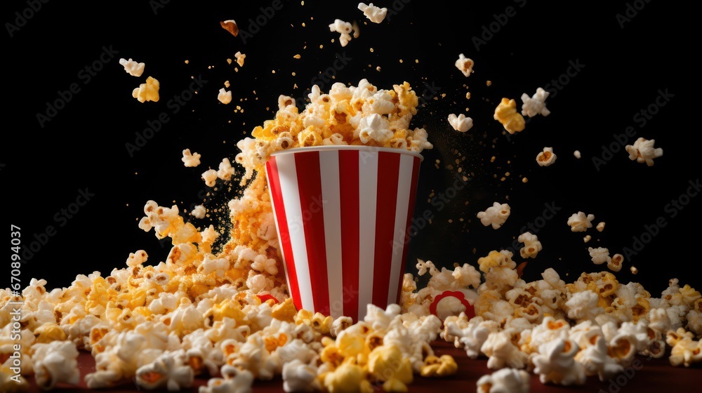 An AI illustration of a popcorn bucket filled with pop corn falling into it on a table An AI illustration of a popcorn bucket filled with pop corn falling into it on a table