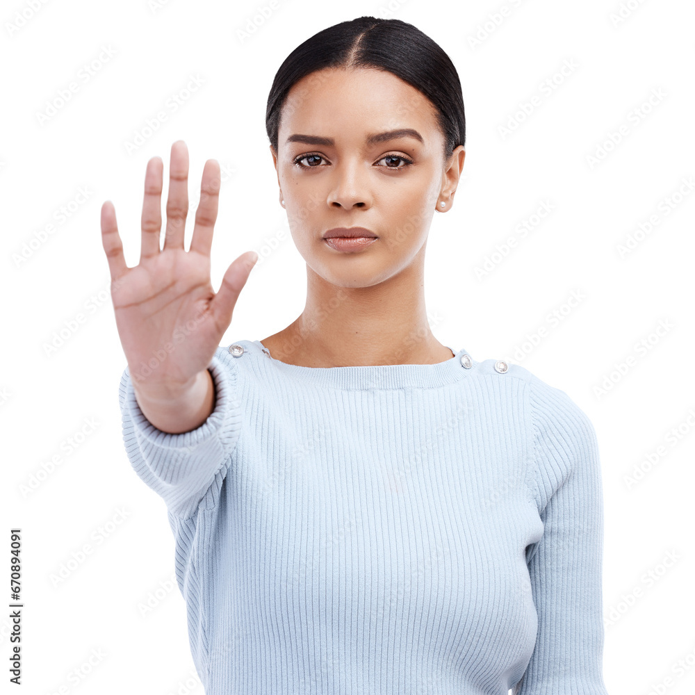 Palm, stop and portrait, serious woman and caution with warning and danger isolated on png transparent background. Hand, gesture and female person, censored and no sign with protest and block Palm, stop and portrait, serious woman and caution with warning and danger isolated on png transparent background. Hand, gesture and female person, censored and no sign with protest and block