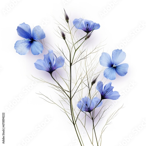 Flowers in flax blue on a white background. Generative Ai.