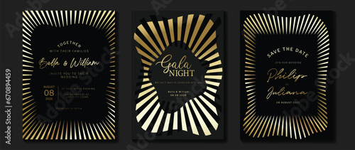 Luxury invitation card background vector. Golden elegant geometric shape, gold lines gradient on dark background. Premium design illustration for gala card, grand opening, party invitation, wedding.