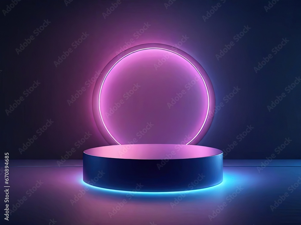 Neon round podium in dark room with neon lights. Neon round podium in dark room with neon lights.