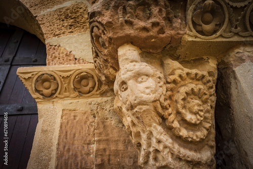 Santa Maria de Eunate church , Romanesque figurative capital,, 12th century, Ilzarbe Valley, Navarra, Spain