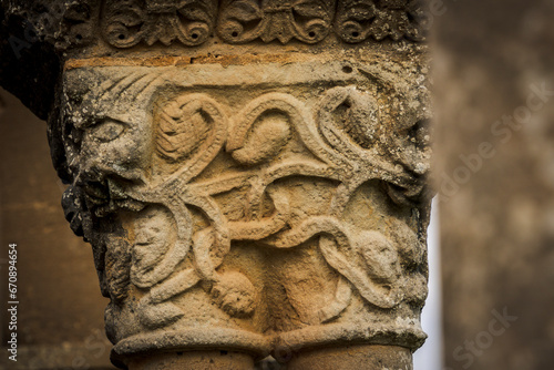 Santa Maria de Eunate church , Romanesque figurative capital,, 12th century, Ilzarbe Valley, Navarra, Spain