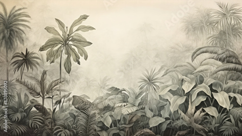Wallpaper Mural Retro mural photo wallpaper jungle and graceful leaves tropical forest vintage background graphics painting art card poster print interior - generative AI Torontodigital.ca