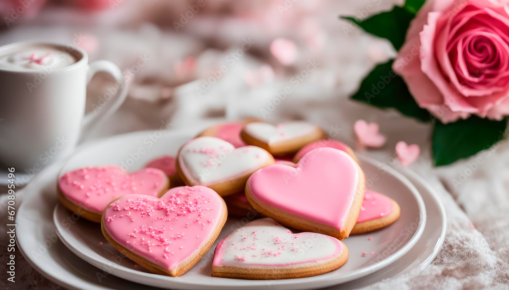 Decorated heart shaped cookies on white wooden background Decorated heart shaped cookies on white wooden background