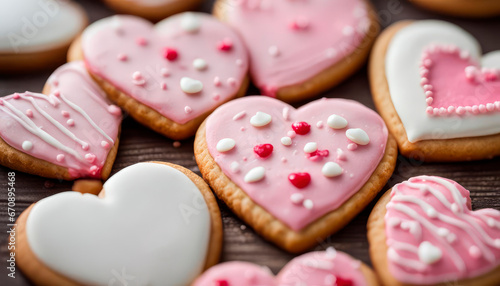 Decorated heart shaped cookies on white wooden background