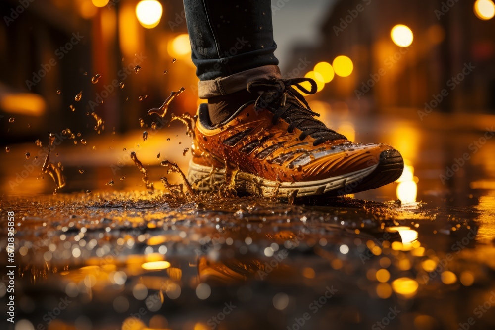 Jogger's feet hitting the pavement in rhythmic motion, Generative AI Jogger's feet hitting the pavement in rhythmic motion, Generative AI