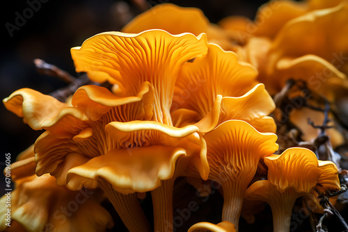 Chanterelle or chanterelle mushrooms. Close-up of fresh growing edible mushrooms