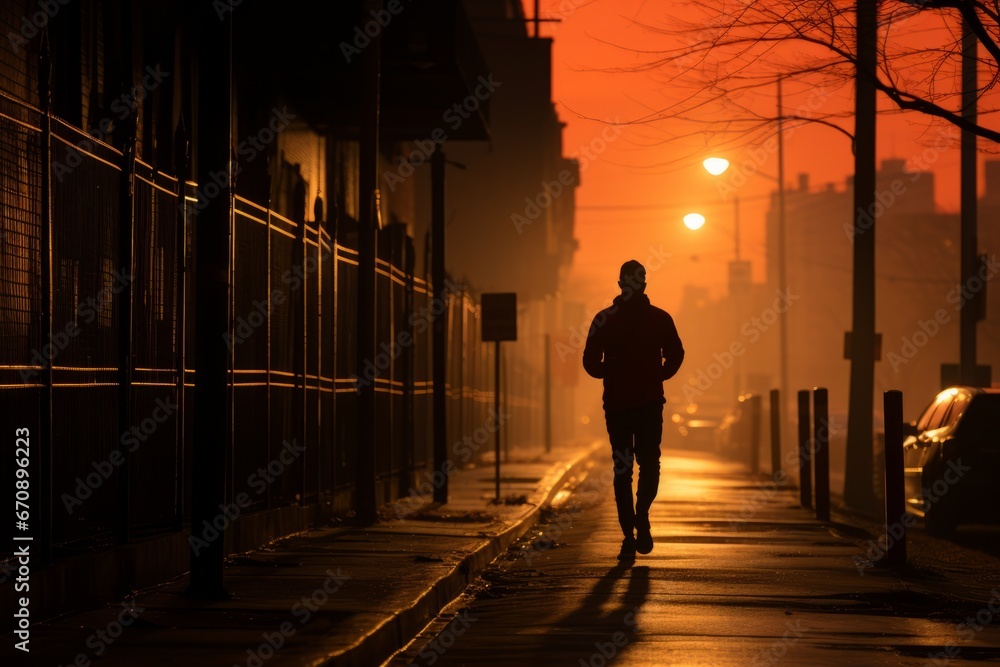 Jogger's shadow cast on an urban sidewalk at dawn, Generative AI Jogger's shadow cast on an urban sidewalk at dawn, Generative AI