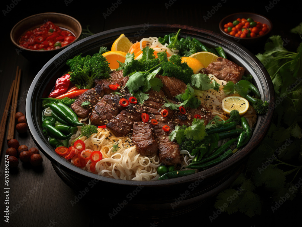 bowl of appetizing spicy beef noodles with pair of chilies pepper and green vegetables in the bowl bowl of appetizing spicy beef noodles with pair of chilies pepper and green vegetables in the bowl