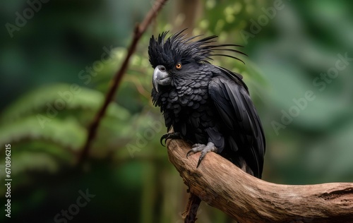 An AI illustration of an image of a black bird perched on a branch of a tree