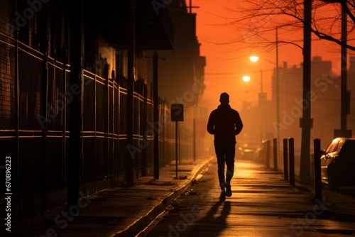 Jogger s shadow cast on an urban sidewalk at dawn  Generative AI
