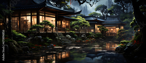 Fényképezés Ancient Chinese gardens in the forest at night contain buildings ponds bridges t
