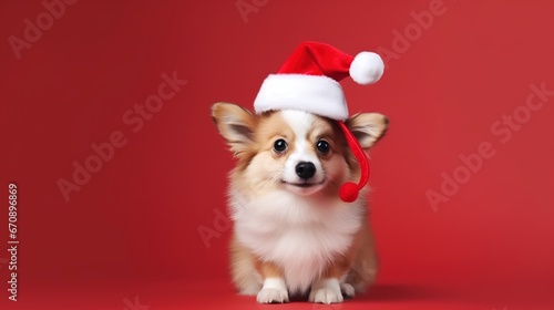 Cute White Dog with Christmas Hat Isolated on the Minimalist Background 