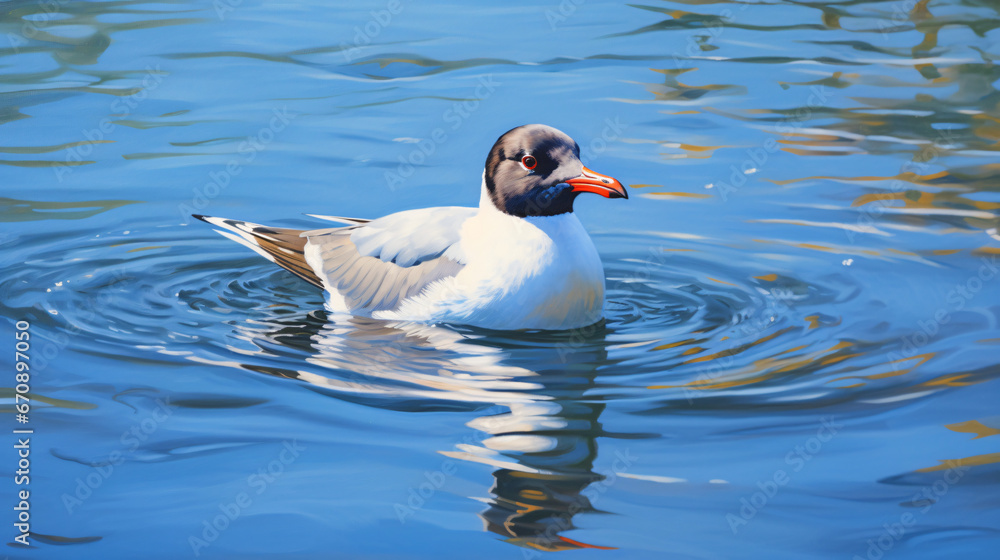 Black headed gull is on the water on a sunny day