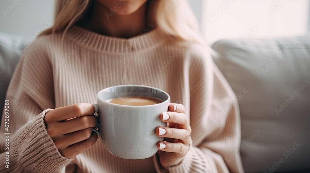 Blonde woman wearing light colored sweater sitting on comfortable sofa and holding blank white mug cup filled with coffee Blonde woman wearing light colored sweater sitting on comfortable sofa and holding blank white mug cup filled with coffee