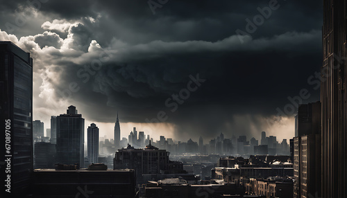 menacing dark cloud hovers over a city skyline, casting an ominous shadow, suggesting a scene of potential danger and destruction
