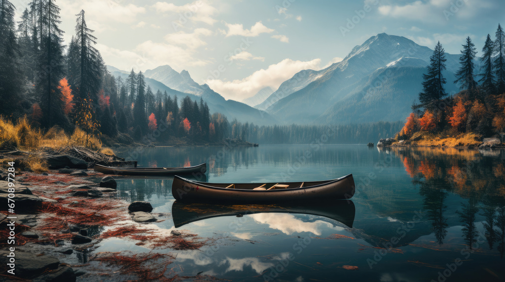 The wooden canoe boat is parked next to a lake with calm water and the reflection of the boat with beautiful landscape views such as mountains and pine forests created with Generative AI Technology - obrazy, fototapety, plakaty 