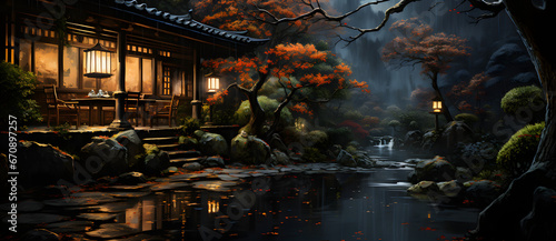 Ancient Chinese gardens in the forest at night contain buildings ponds bridges trees lights moon 9