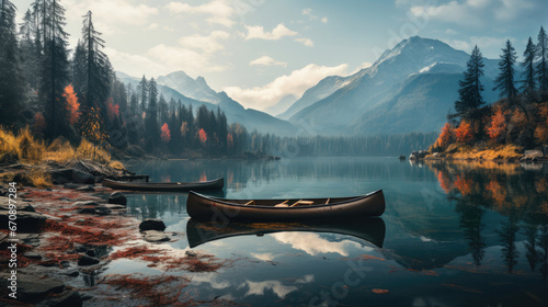 Foto The wooden canoe boat is parked next to a lake with calm water and the reflectio