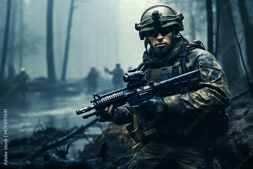 A man in military uniform holds a machine gun. A man stands against the backdrop of a swampy forest in the fog