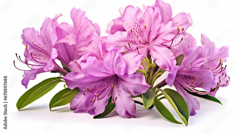 Blooming rhododendron with lilac blossoms isolated on white background