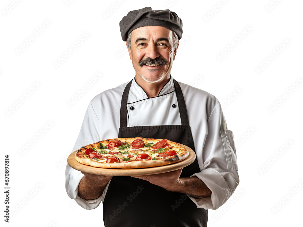 Middle-aged chef holding a big delicious pizza, cut out Middle-aged chef holding a big delicious pizza, cut out