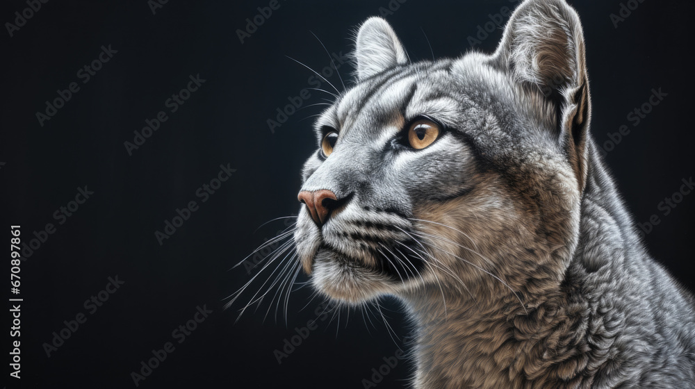 Obraz premium Face portrait of a predatory mountain lion cougar puma in the nature wildlife on a dark background