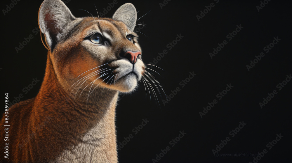 Face portrait of a predatory mountain lion cougar puma in the nature wildlife on a dark background created with Generative AI Technology