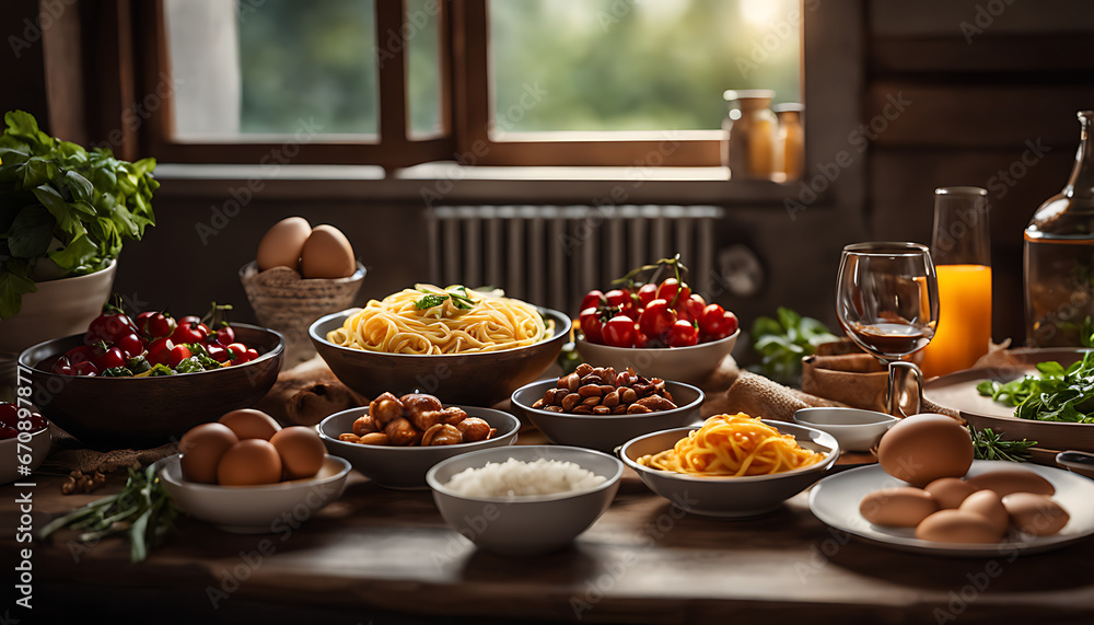table filled with a variety of food, including spaghetti, eggs, nuts, fruits, vegetables, and rice, accompanied by utensils and cups.