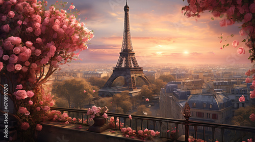 Blooming roses and Eiffel tower create a romantic scene