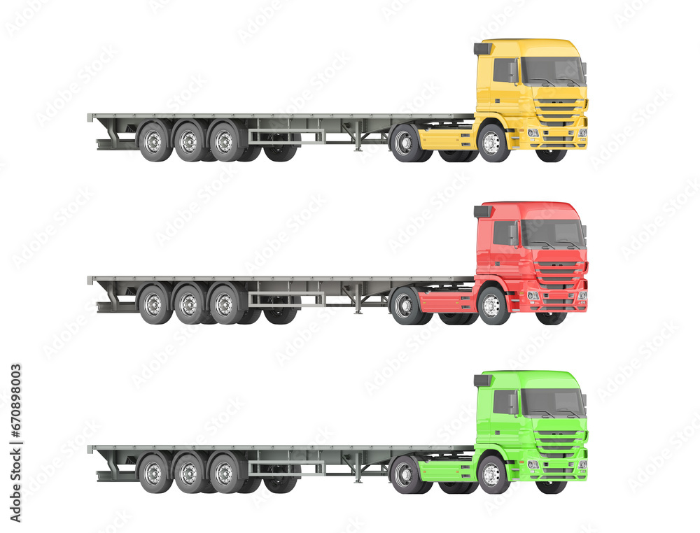 A mock-up of a flatbed truck on a white background for vehicle branding, corporate identity. The camera is located at the horizon level. 3d illustration. Orthographic (equiangular) view.