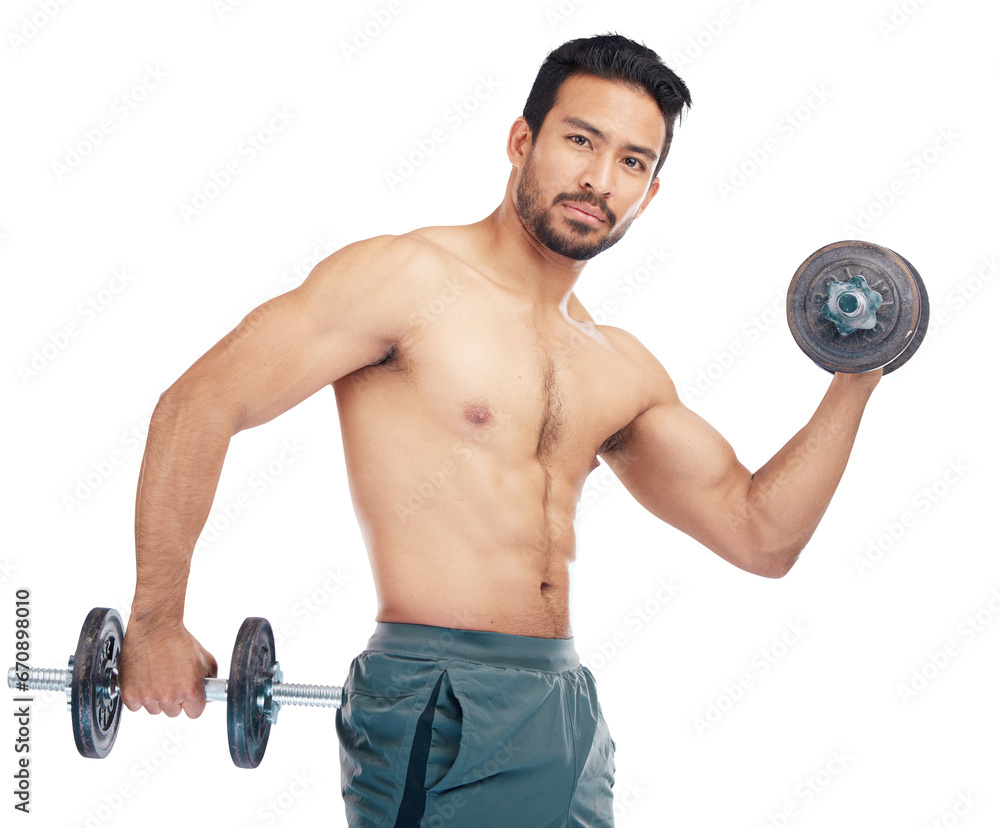 Portrait, fitness and dumbbells with a bodybuilder man isolated on a transparent background for health or wellness. Exercise, weight or muscle with a strong male athlete on PNG for a training workout Portrait, fitness and dumbbells with a bodybuilder man isolated on a transparent background for health or wellness. Exercise, weight or muscle with a strong male athlete on PNG for a training workout