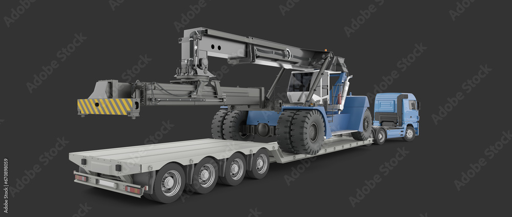 Loader (reach stacker) on a trailer platform at the truck ready for transportation. 3d illustration. Isolated on dark background.