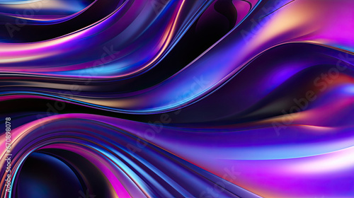 Abstract 3D light glow holographic liquid curve metal foil rainbow light purple dark reflection background created with Generative AI Technology