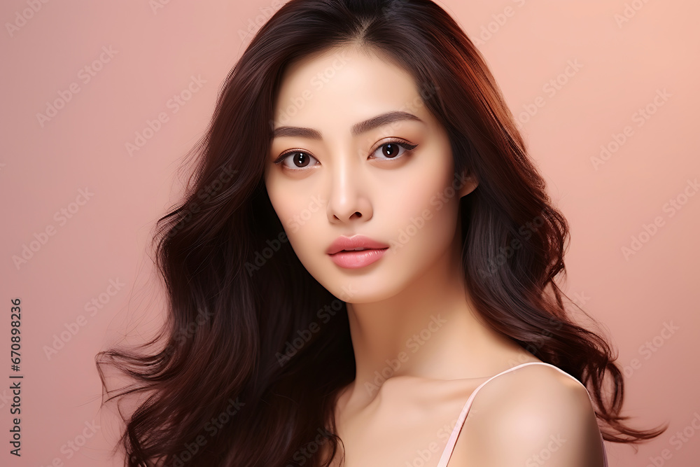 Naklejka premium Beautiful young Asian woman with clean fresh skin on a pink background.